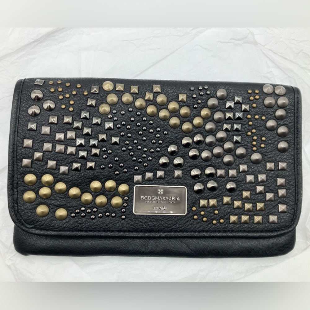 BCBGMaxAzria Black Clutch with Silver and Gold Studs leather